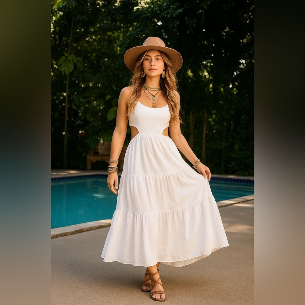 Blanco By Nature White Cutout Maxi Dress – Size M – Made in Peru